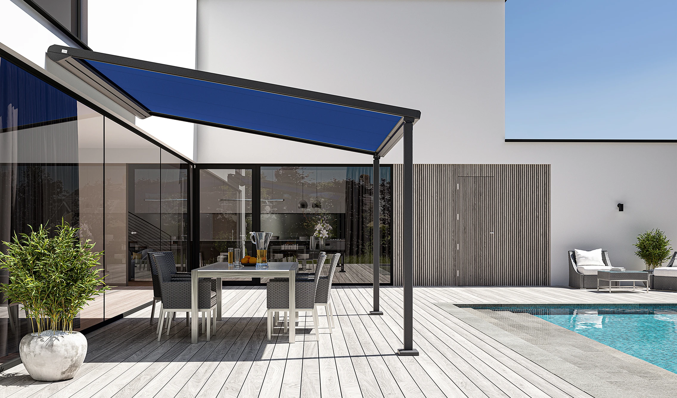 Markiza Portofino typu pergola z granatową tkaniną nad tarasem